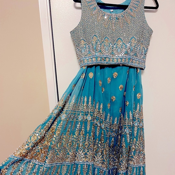 Teal Blue Heavy Lehenga, gold threading with stone and mirror accents - Picture 1 of 9